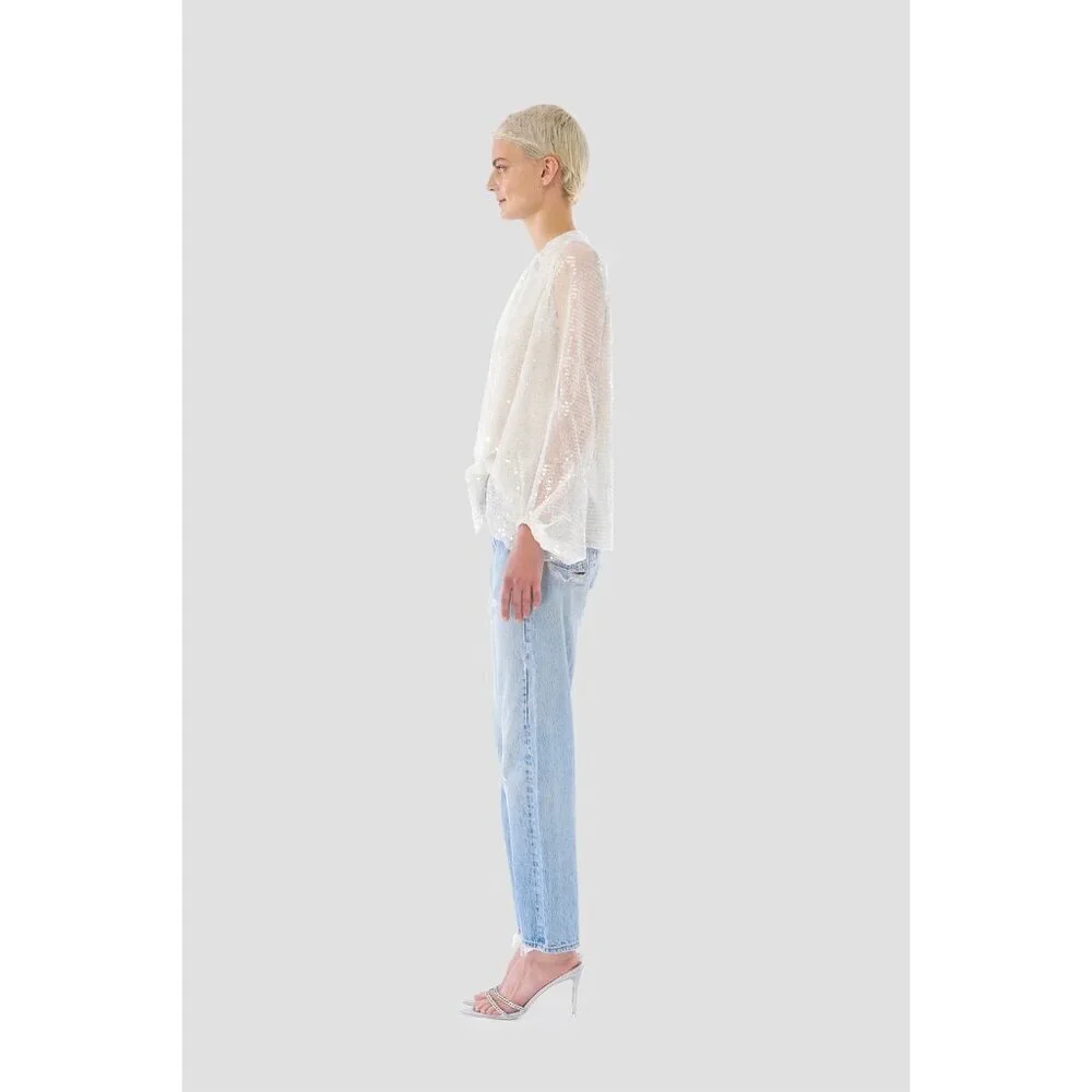 Le Superbe Sparkling Femme Sequin Sheer Blouse Sheer White Womens Size 2